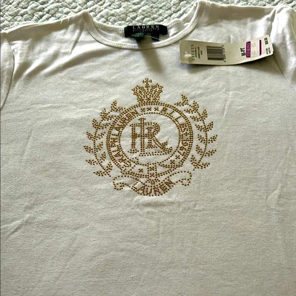 Lauren Ralph Lauren White Tee with Emblem Gold Design - Picture 1 of 4